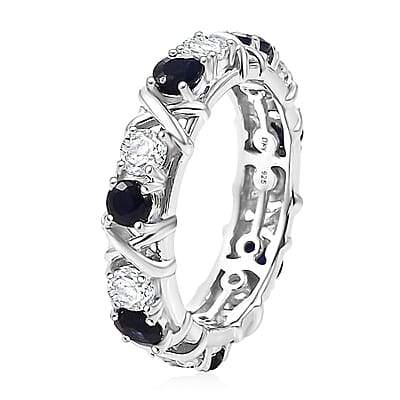 D'Joy Madagascar Blue Sapphire (DF) and Moissanite 2.10 ctw Ring in Rhodium Over Sterling Silver (Size 10.0)