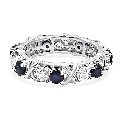 D'Joy Madagascar Blue Sapphire (DF) and Moissanite 2.10 ctw Ring in Rhodium Over Sterling Silver (Size 10.0)