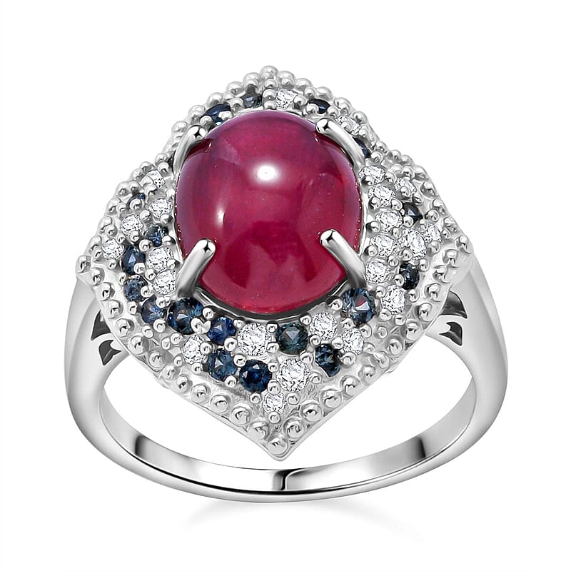 African Ruby (FF) and Multi Gemstone 9.20 ctw Victorian Halo Ring in Rhodium Over Sterling Silver (Size 10.0)