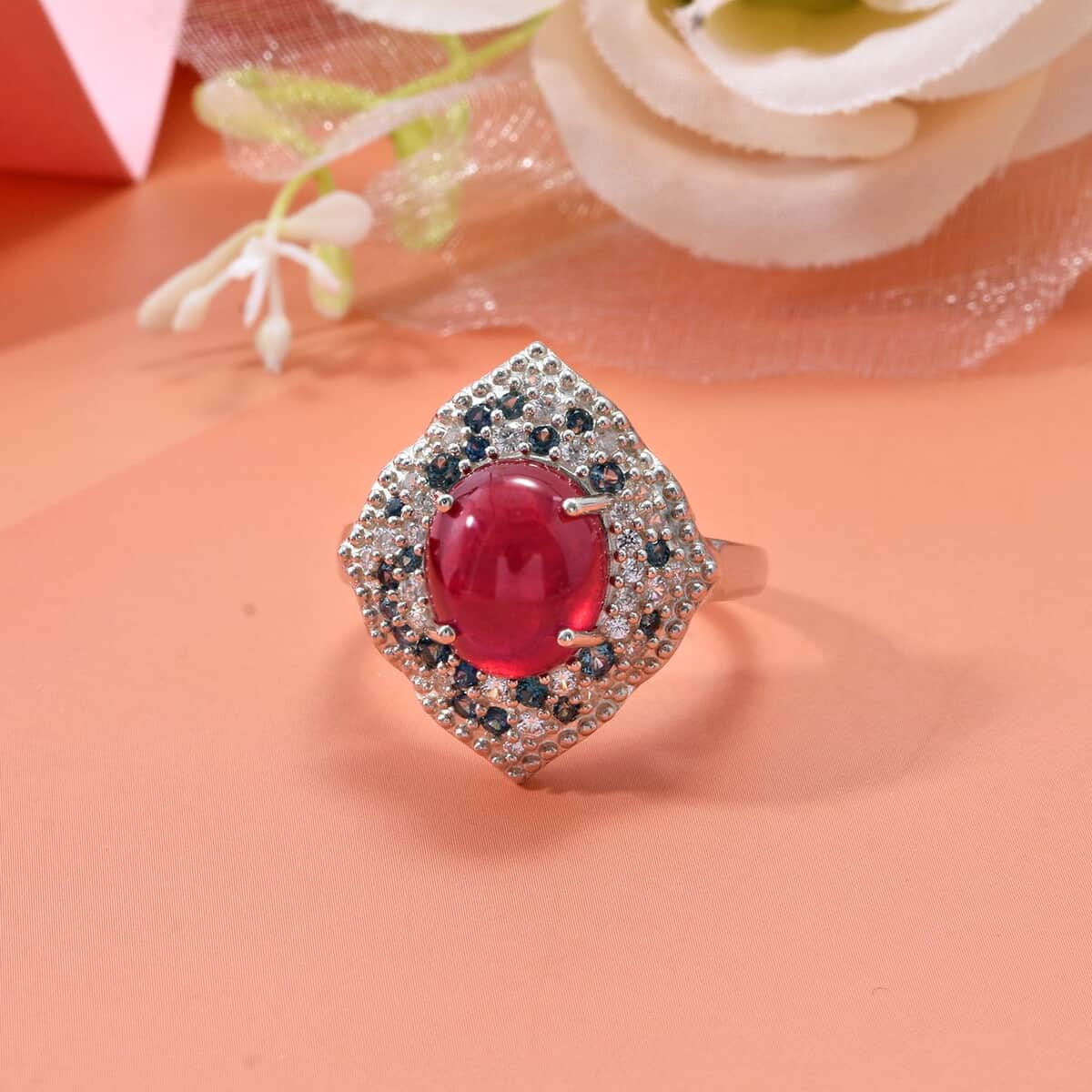 Doorbuster African Ruby (FF) and Multi Gemstone 9.20 ctw Victorian Halo Ring in Rhodium Over Sterling Silver (Size 10.0) image number 1