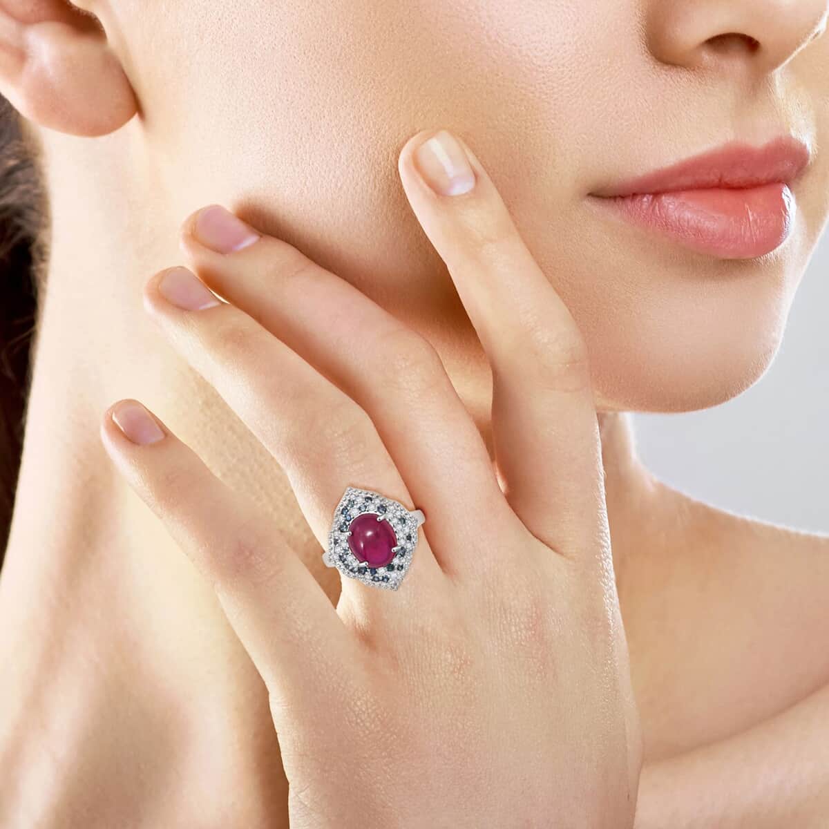 Doorbuster African Ruby (FF) and Multi Gemstone 9.20 ctw Victorian Halo Ring in Rhodium Over Sterling Silver (Size 10.0) image number 2