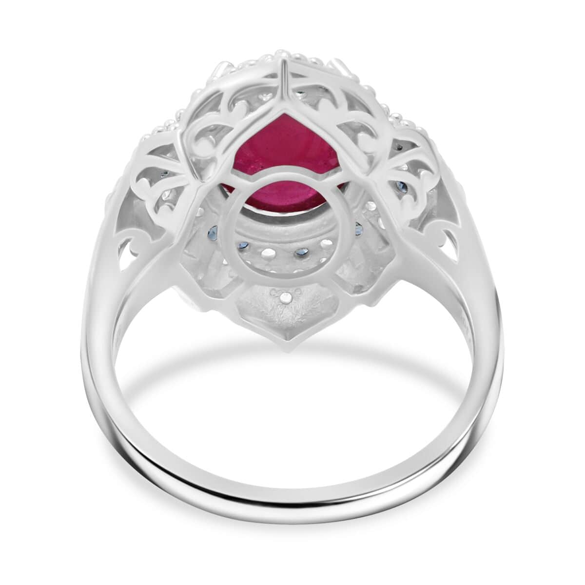 Doorbuster African Ruby (FF) and Multi Gemstone 9.20 ctw Victorian Halo Ring in Rhodium Over Sterling Silver (Size 10.0) image number 4