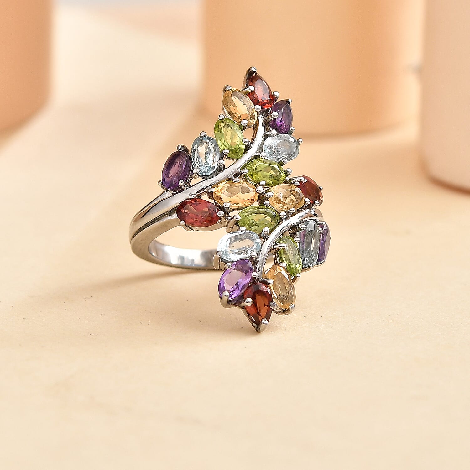 Multi Gemstone 5.10 ctw Cluster Ring in Stainless Steel (Size 8.0)