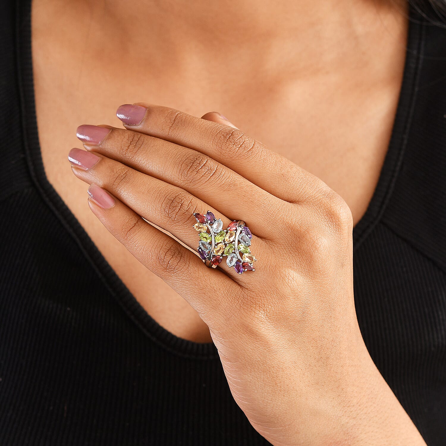 Multi Gemstone 5.10 ctw Cluster Ring in Stainless Steel (Size 8.0)