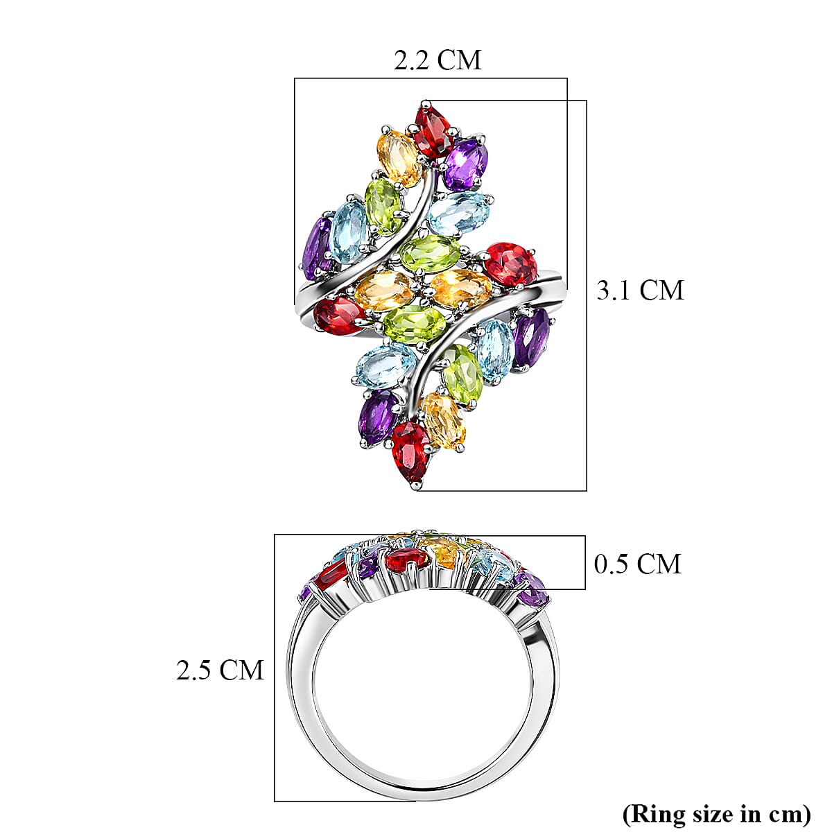 Multi Gemstone 5.10 ctw Cluster Ring in Stainless Steel (Size 8.0)