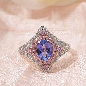 Tanzanite and Multi Gemstone 2.40 ctw Majestic Floral Ring in Rhodium Over Sterling Silver (Size 10.0)