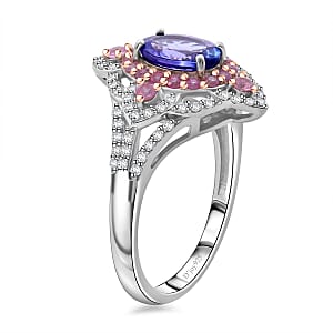 Tanzanite and Multi Gemstone 2.40 ctw Majestic Floral Ring in Rhodium Over Sterling Silver (Size 10.0)