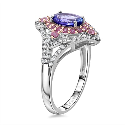Tanzanite and Multi Gemstone 2.40 ctw Majestic Floral Ring in Rhodium Over Sterling Silver (Size 10.0)