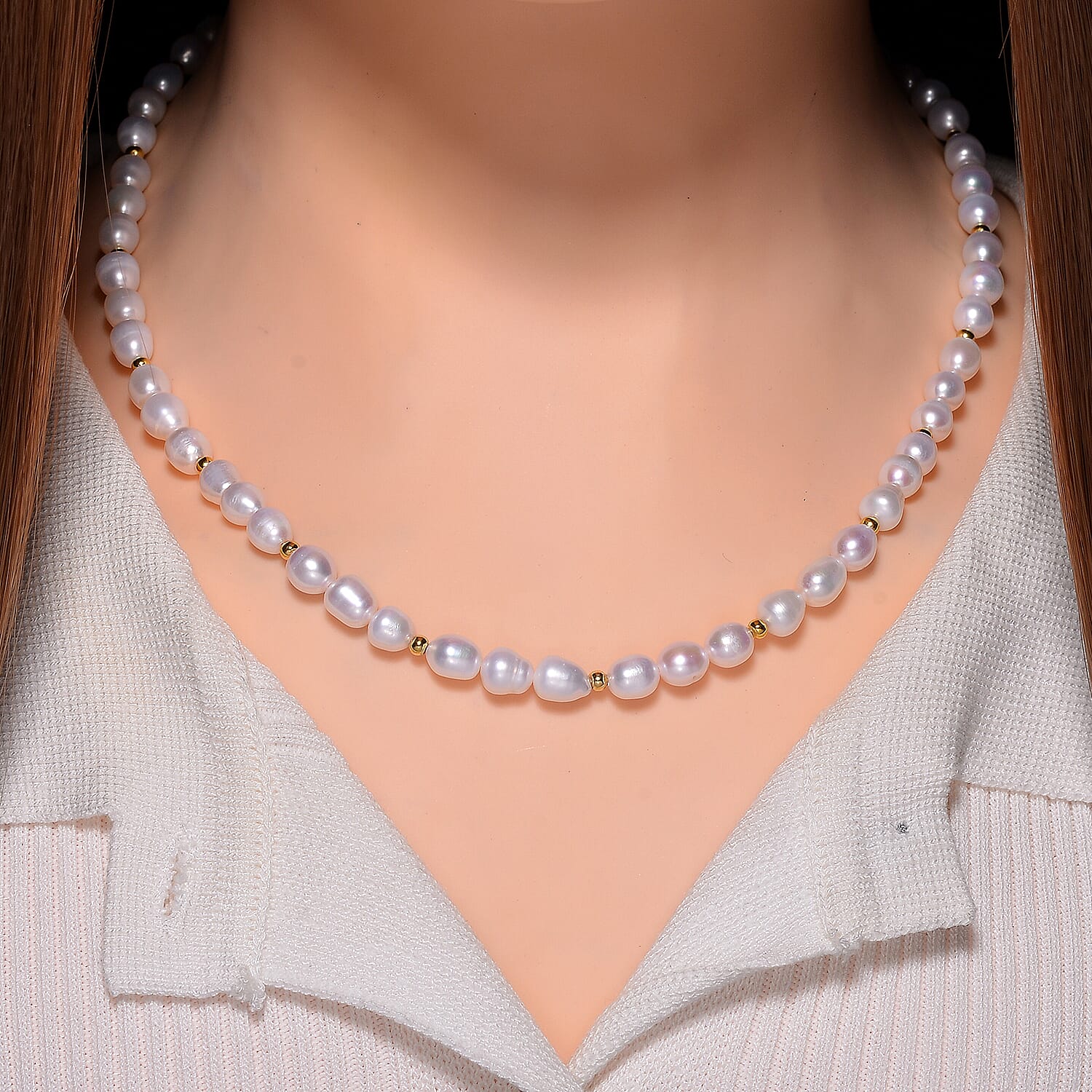 White Freshwater Pearl Necklace in 14K Yellow Gold Over Sterling Silver 20 Inches