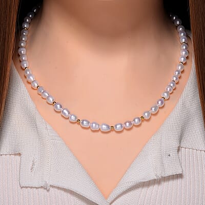 White Freshwater Pearl Necklace in 14K Yellow Gold Over Sterling Silver 20 Inches
