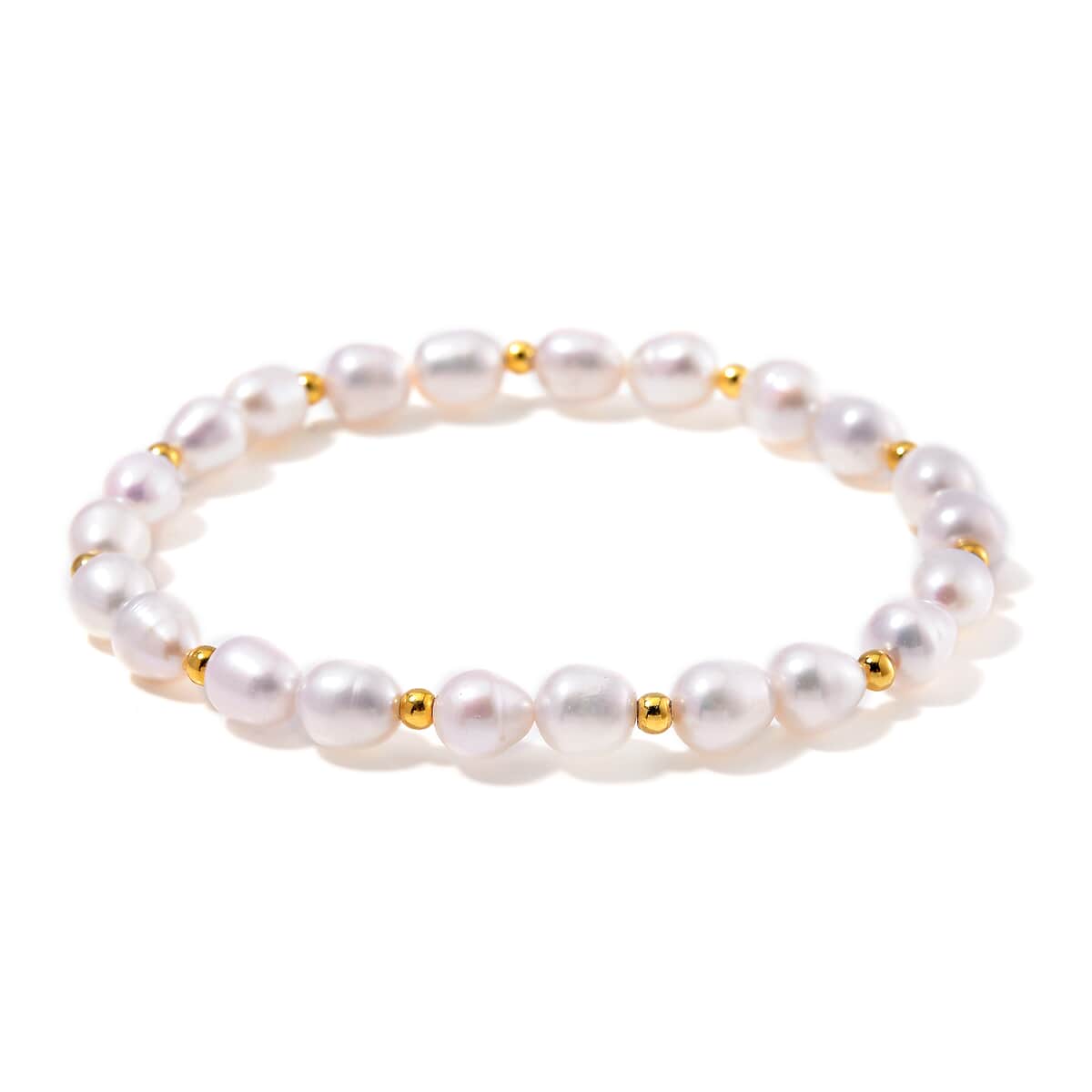 White Freshwater Pearl Stretch Bracelet in 14K Yellow Gold Over Sterling Silver image number 2