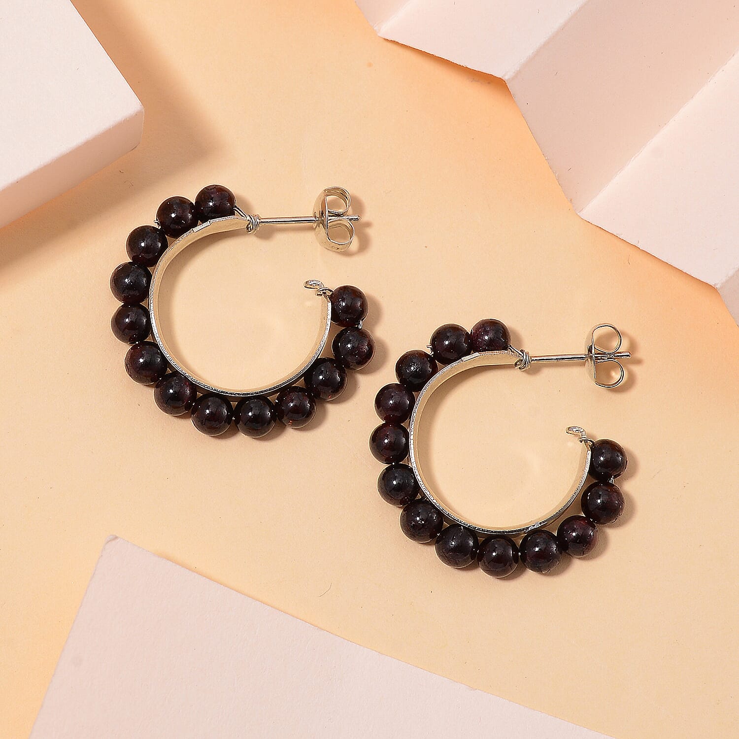 Mozambique Garnet Hoop Earrings in Stainless Steel 20.00 ctw