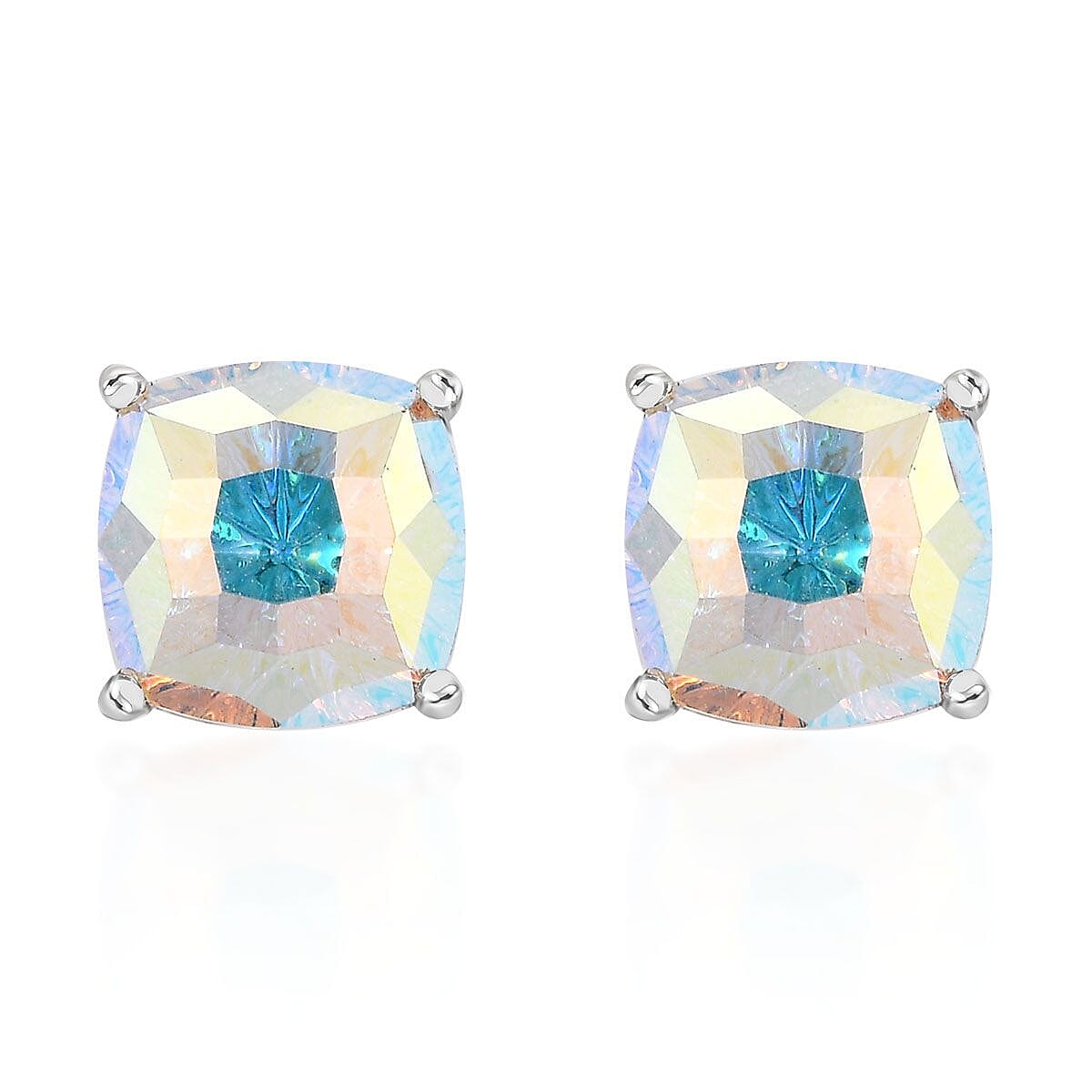 J Francis Embellished with Aurora Borealis Crystal by Swarovski Solitaire Stud Earrings in Rhodium Over Sterling Silver