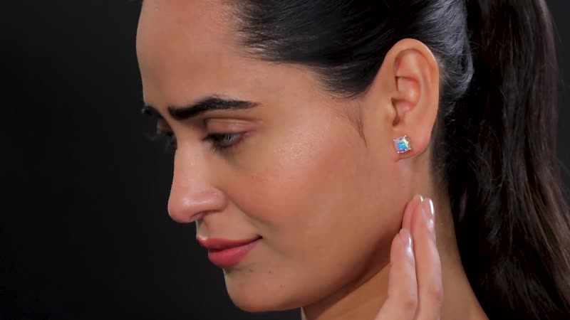 J Francis Embellished with Aurora Borealis Crystal by Swarovski Stud Earrings in Rhodium Over Sterling Silver