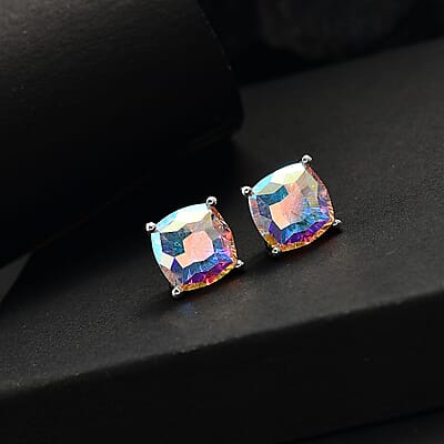 J Francis Embellished with Aurora Borealis Crystal by Swarovski Solitaire Stud Earrings in Rhodium Over Sterling Silver