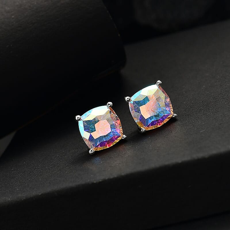 J Francis Embellished with Aurora Borealis Crystal by Swarovski Solitaire Stud Earrings in Rhodium Over Sterling Silver