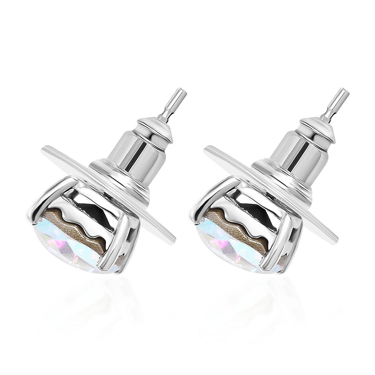 J Francis Embellished with Aurora Borealis Crystal by Swarovski Solitaire Stud Earrings in Rhodium Over Sterling Silver