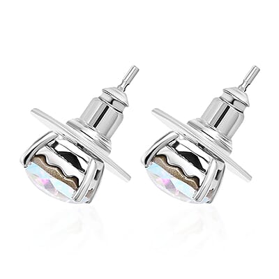 J Francis Embellished with Aurora Borealis Crystal by Swarovski Solitaire Stud Earrings in Rhodium Over Sterling Silver