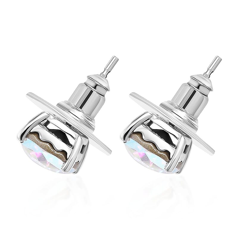 J Francis Embellished with Aurora Borealis Crystal by Swarovski Solitaire Stud Earrings in Rhodium Over Sterling Silver