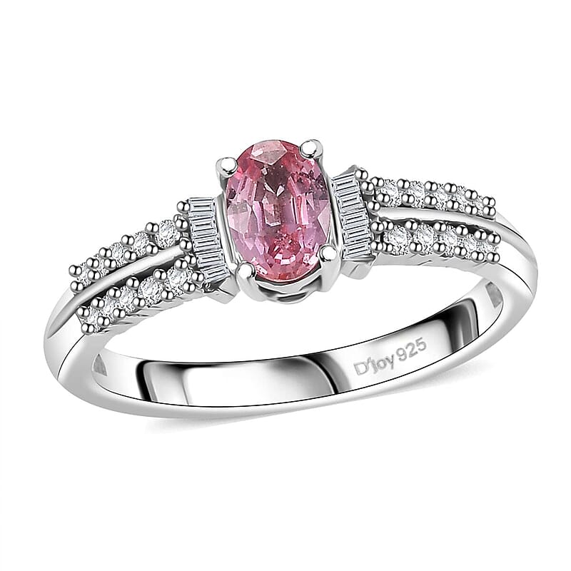 AAA Padparadscha Sapphire (BT), Diamond (0.15 cts) Ballerina Ring in Rhodium Over Sterling Silver (Size 10.0) 0.75 ctw