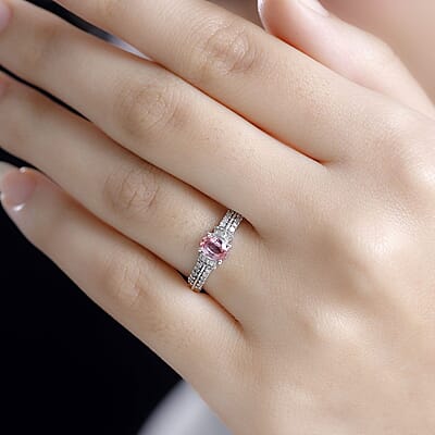 AAA Padparadscha Sapphire (BT), Diamond (0.15 cts) Ballerina Ring in Rhodium Over Sterling Silver (Size 10.0) 0.75 ctw