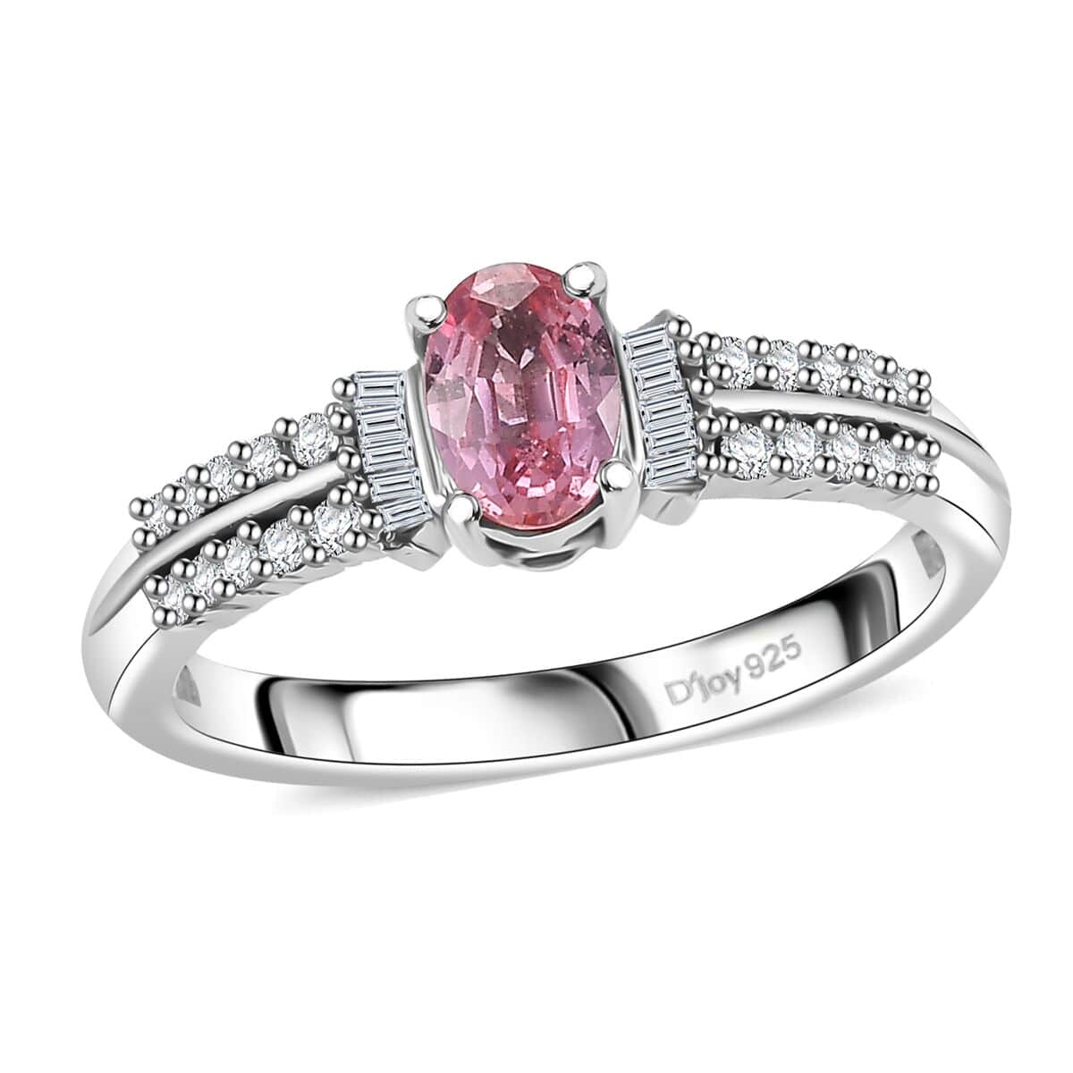 Padparadscha Sapphire ,  White Diamond  Main Stone With Side Stone Ring in rhodium Sterling Silver 0.76 ctw image number 0