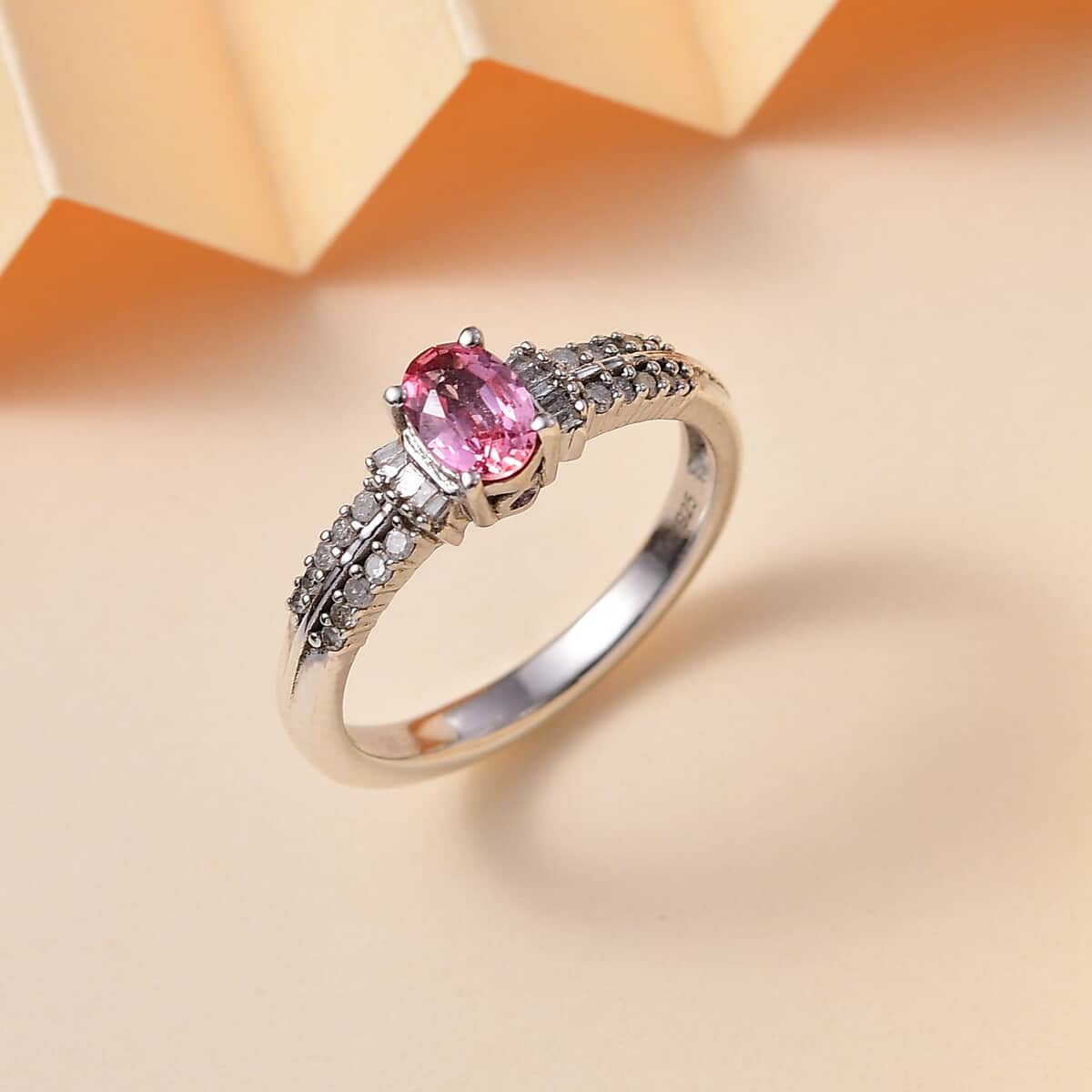 Padparadscha Sapphire ,  White Diamond  Main Stone With Side Stone Ring in rhodium Sterling Silver 0.76 ctw image number 1