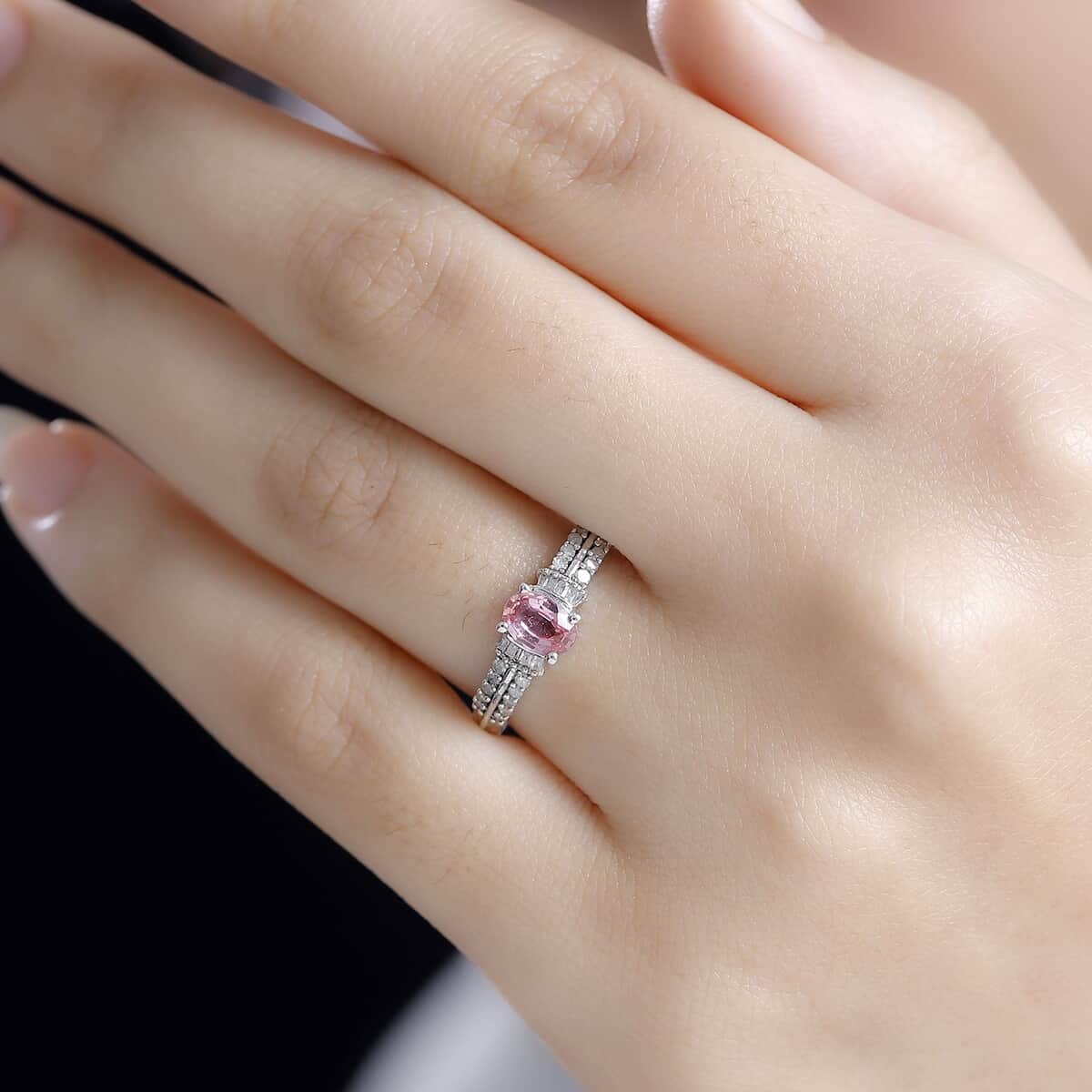 Padparadscha Sapphire ,  White Diamond  Main Stone With Side Stone Ring in rhodium Sterling Silver 0.76 ctw image number 2