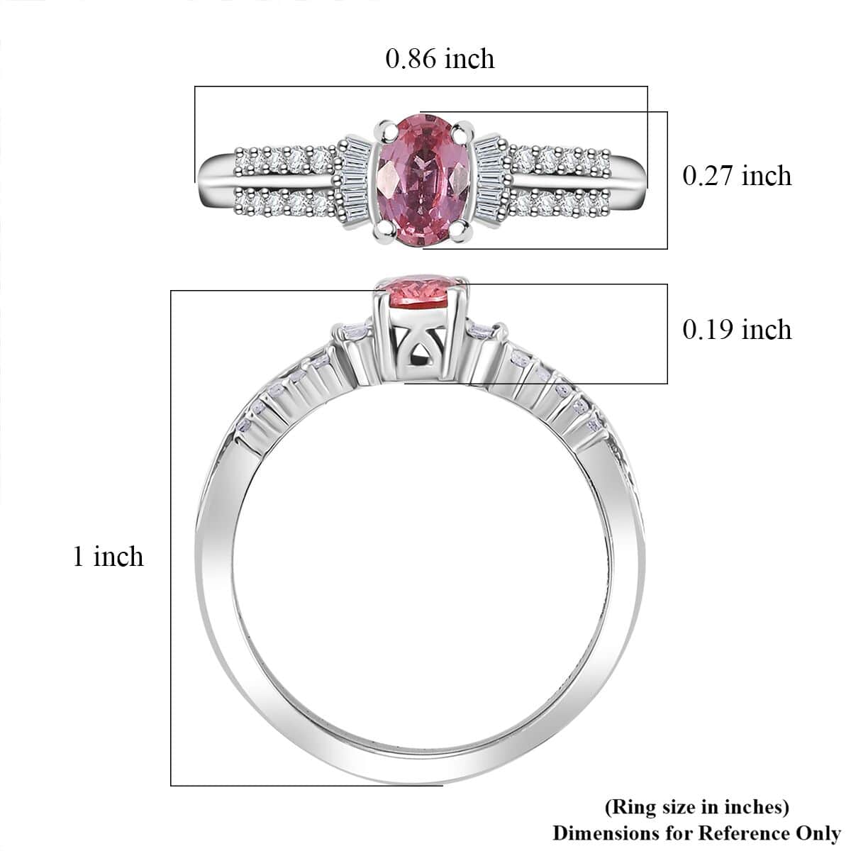 Padparadscha Sapphire ,  White Diamond  Main Stone With Side Stone Ring in rhodium Sterling Silver 0.76 ctw image number 5