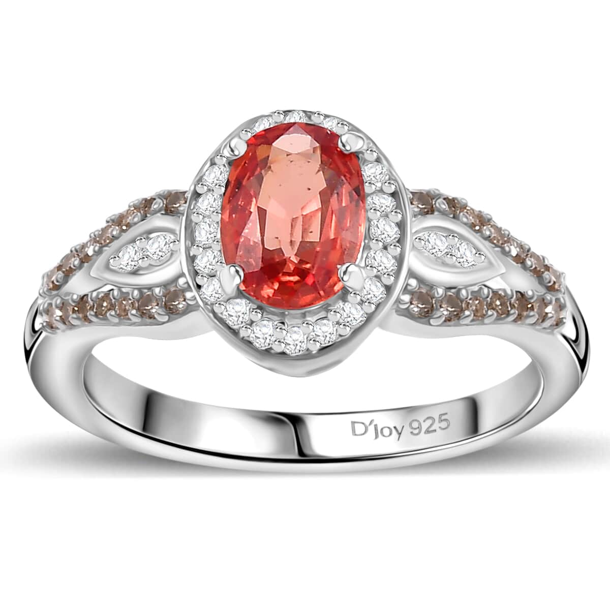 AAA Padparadscha Sapphire (BT), Natural Champagne and White Diamond 1.60 ctw Ethereal Mirage Ring in Rhodium Over Sterling Silver (Size 7.0) image number 0