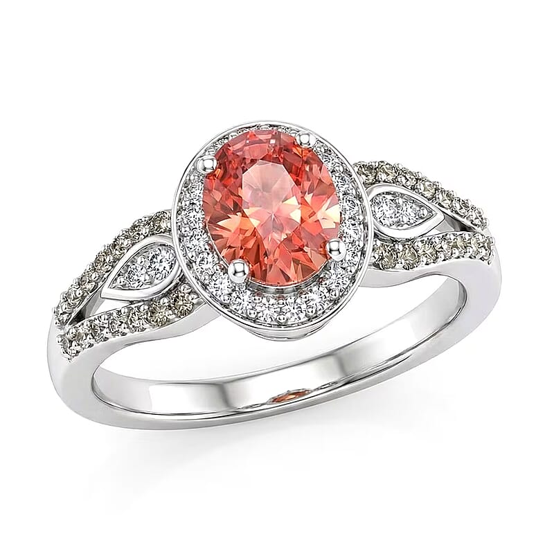 AAA Padparadscha Sapphire (BT), Natural Champagne and White Diamond (0.26 cts) Ethereal Mirage Ring in Rhodium Over Sterling Silver (Size 7.0) 1.60 ctw