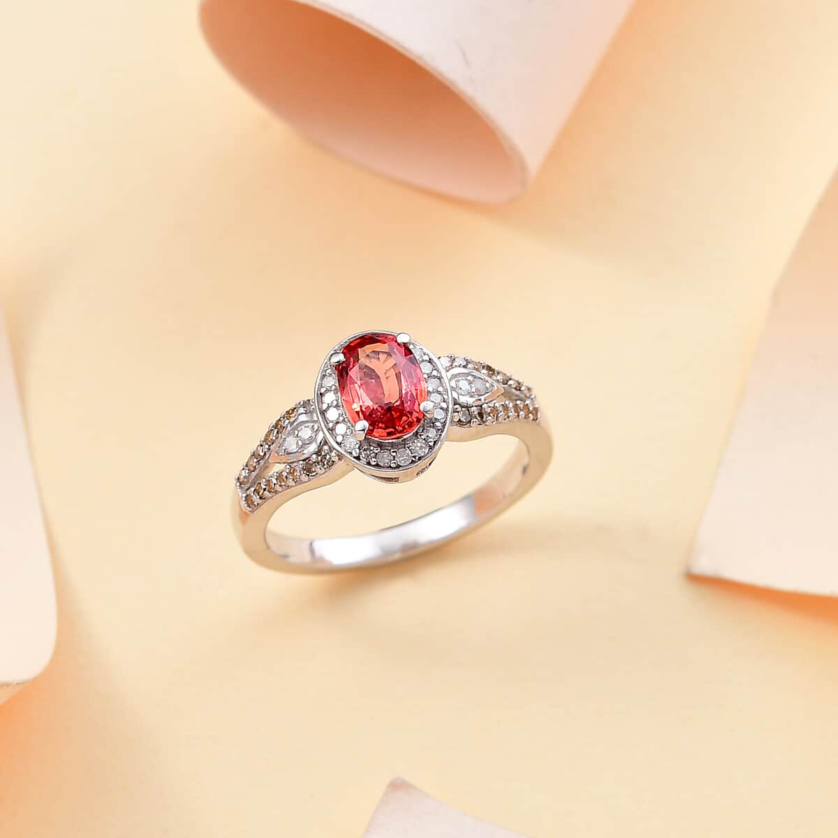 AAA Padparadscha Sapphire (BT), Natural Champagne and White Diamond 1.60 ctw Ethereal Mirage Ring in Rhodium Over Sterling Silver (Size 7.0) image number 1