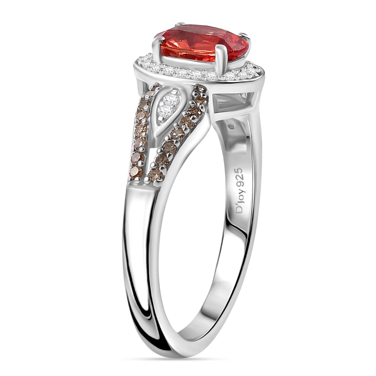 AAA Padparadscha Sapphire (BT), Natural Champagne and White Diamond 1.60 ctw Ethereal Mirage Ring in Rhodium Over Sterling Silver (Size 7.0) image number 3