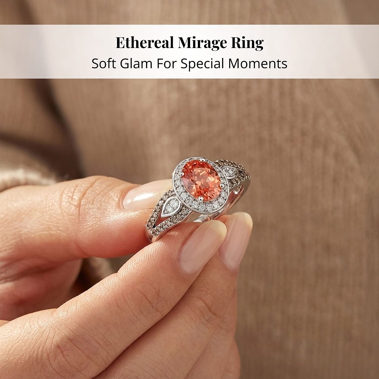 AAA Padparadscha Sapphire (BT), Natural Champagne and White Diamond (0.26 cts) Ethereal Mirage Ring in Rhodium Over Sterling Silver (Size 7.0) 1.60 ctw