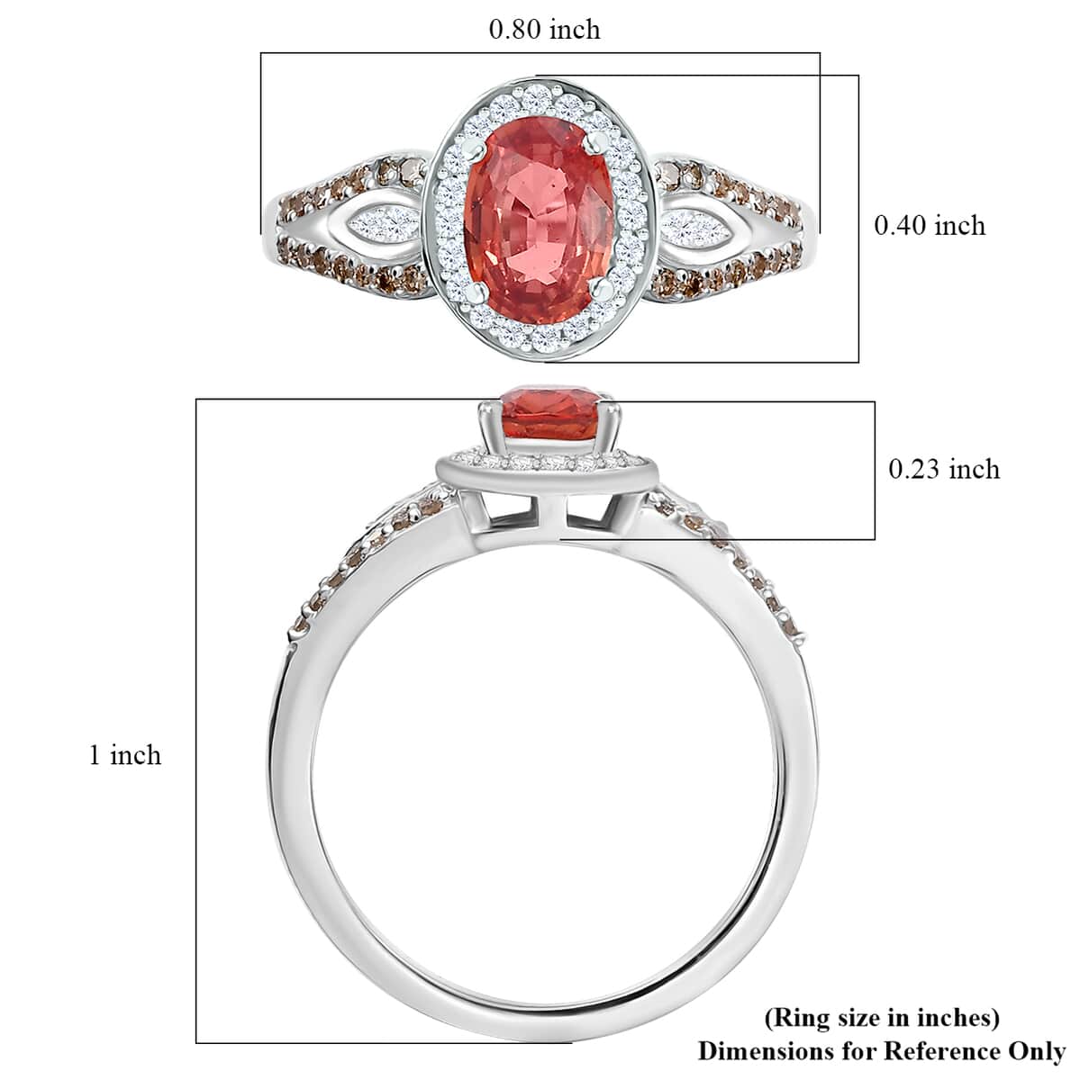 AAA Padparadscha Sapphire (BT), Natural Champagne and White Diamond 1.60 ctw Ethereal Mirage Ring in Rhodium Over Sterling Silver (Size 7.0) image number 5