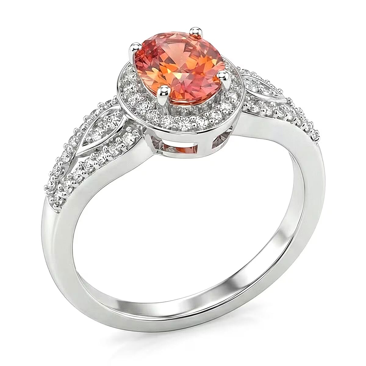 AAA Padparadscha Sapphire (BT), Natural Champagne and White Diamond (0.26 cts) Ethereal Mirage Ring in Rhodium Over Sterling Silver (Size 7.0) 1.60 ctw image number 6