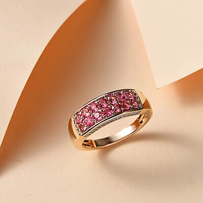 Luxoro AAA Padparadscha Spinel, Diamond Double Row Ring in 10K Yellow Gold 1.40 ctw (Size 5.0)
