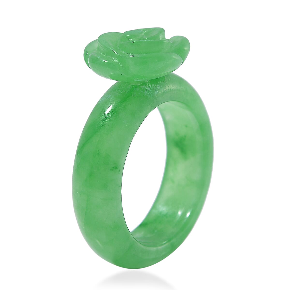 Green Jade (D) Carved Rose Flower 39.00 ctw Ring (Size 5.00) image number 2