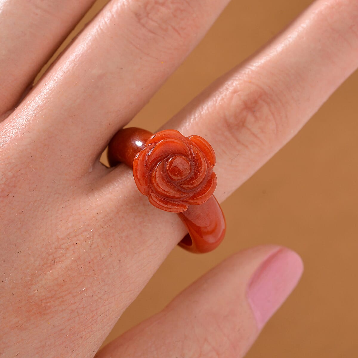 Red Jade (D) Carved Rose Flower 39.00 ctw Ring (Size 5.0) image number 1
