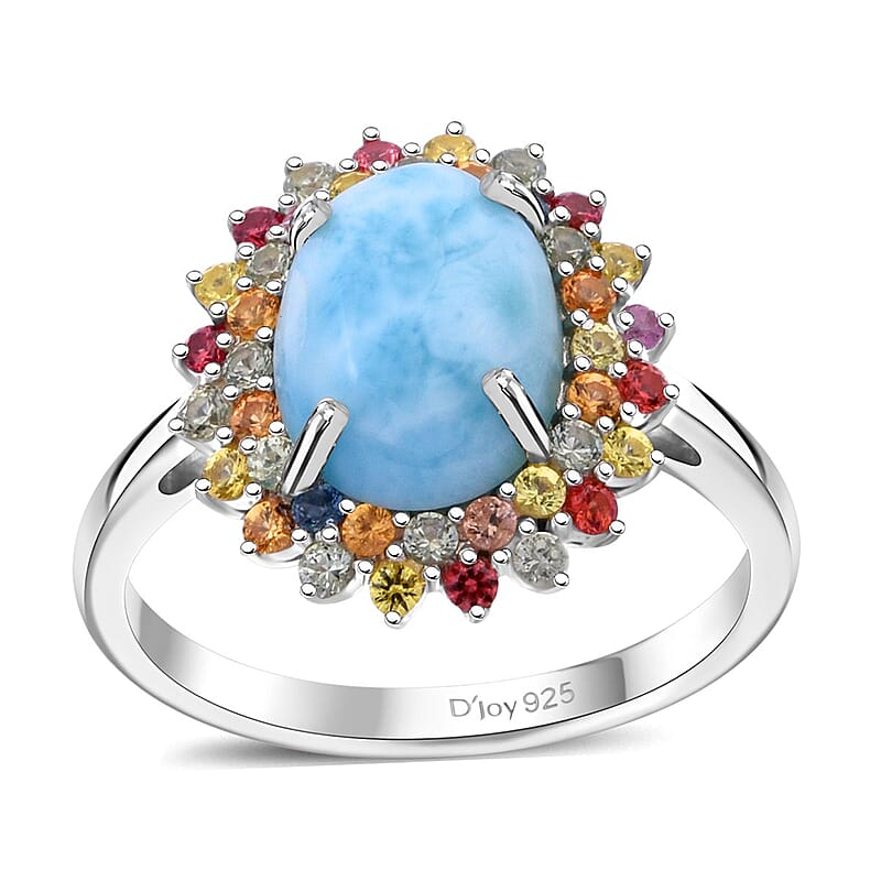 Premium Larimar and Multi Sapphire 4.00 ctw Floral Ring in Rhodium Over Sterling Silver (Size 10.0)