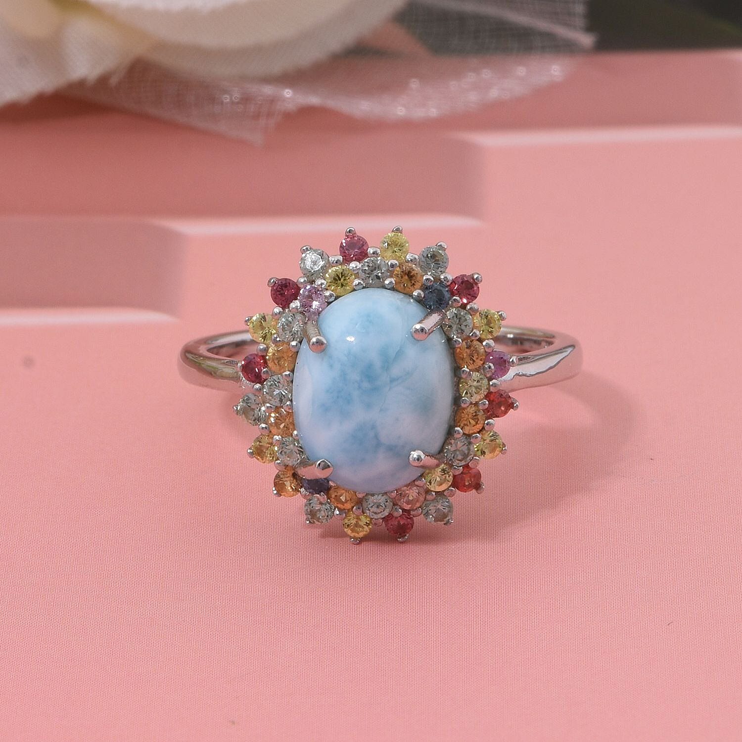 Premium Larimar and Multi Sapphire 4.00 ctw Floral Ring in Rhodium Over Sterling Silver (Size 10.0)