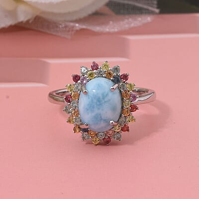 Premium Larimar and Multi Sapphire 4.00 ctw Floral Ring in Rhodium Over Sterling Silver (Size 10.0)