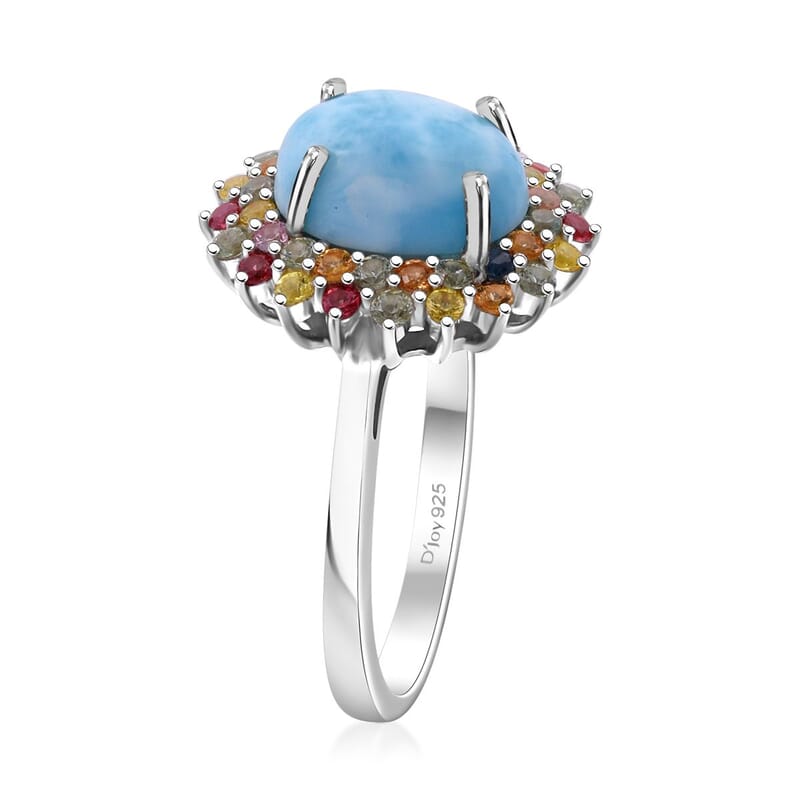 Premium Larimar and Multi Sapphire 4.00 ctw Floral Ring in Rhodium Over Sterling Silver (Size 10.0)