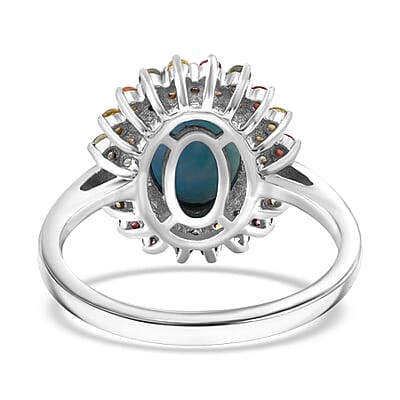 Premium Larimar and Multi Sapphire 4.00 ctw Floral Ring in Rhodium Over Sterling Silver (Size 10.0)