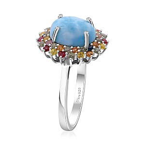 Premium Larimar and Multi Sapphire 4.00 ctw Floral Ring in Rhodium Over Sterling Silver (Size 8.0)