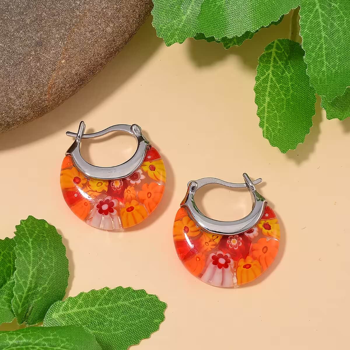 Orange Murano Style Basket Earrings in Stainless Steel image number 7