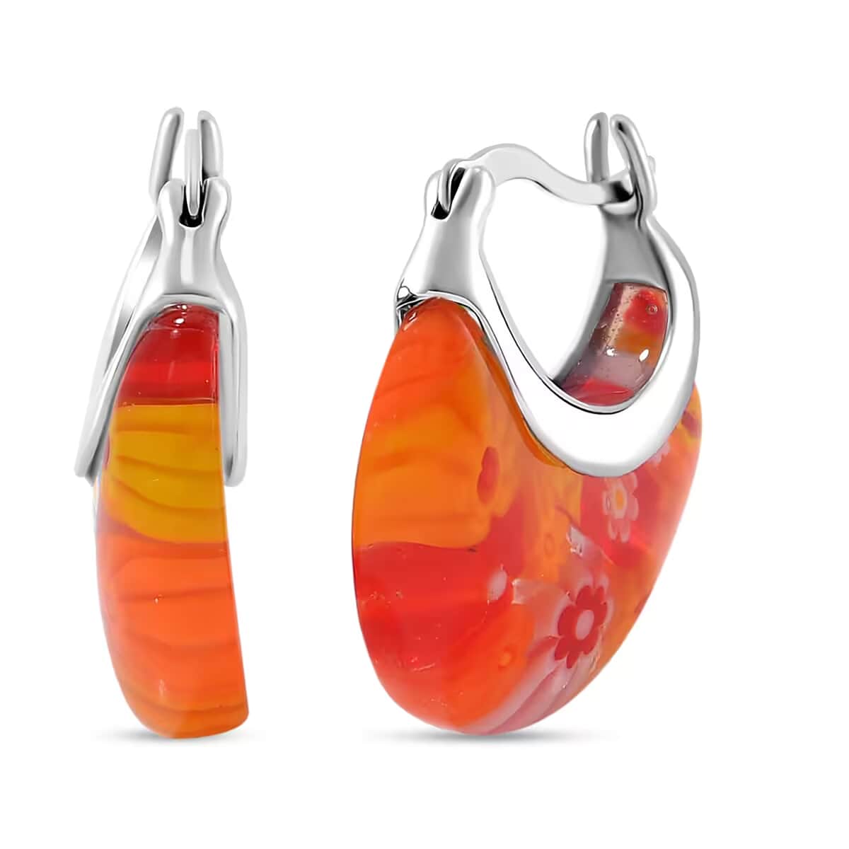 Orange Murano Style Basket Earrings in Stainless Steel image number 8