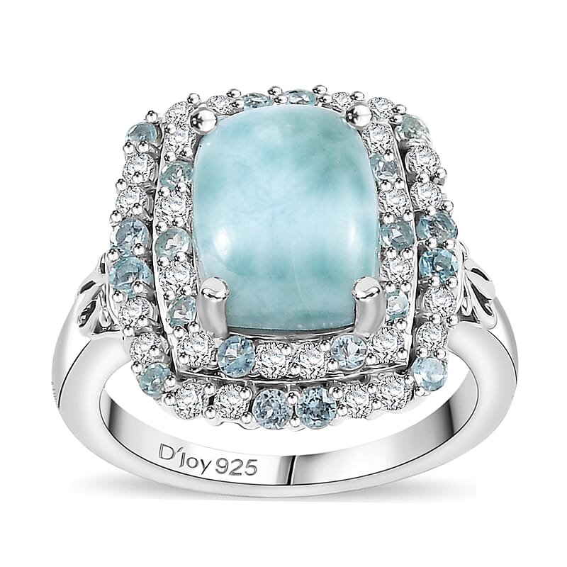 D'Joy Natural Green Larimar and Multi Gemstone 4.90 ctw Ocean Water Bubbles Ring in Rhodium Over Sterling Silver (Size 10.0)