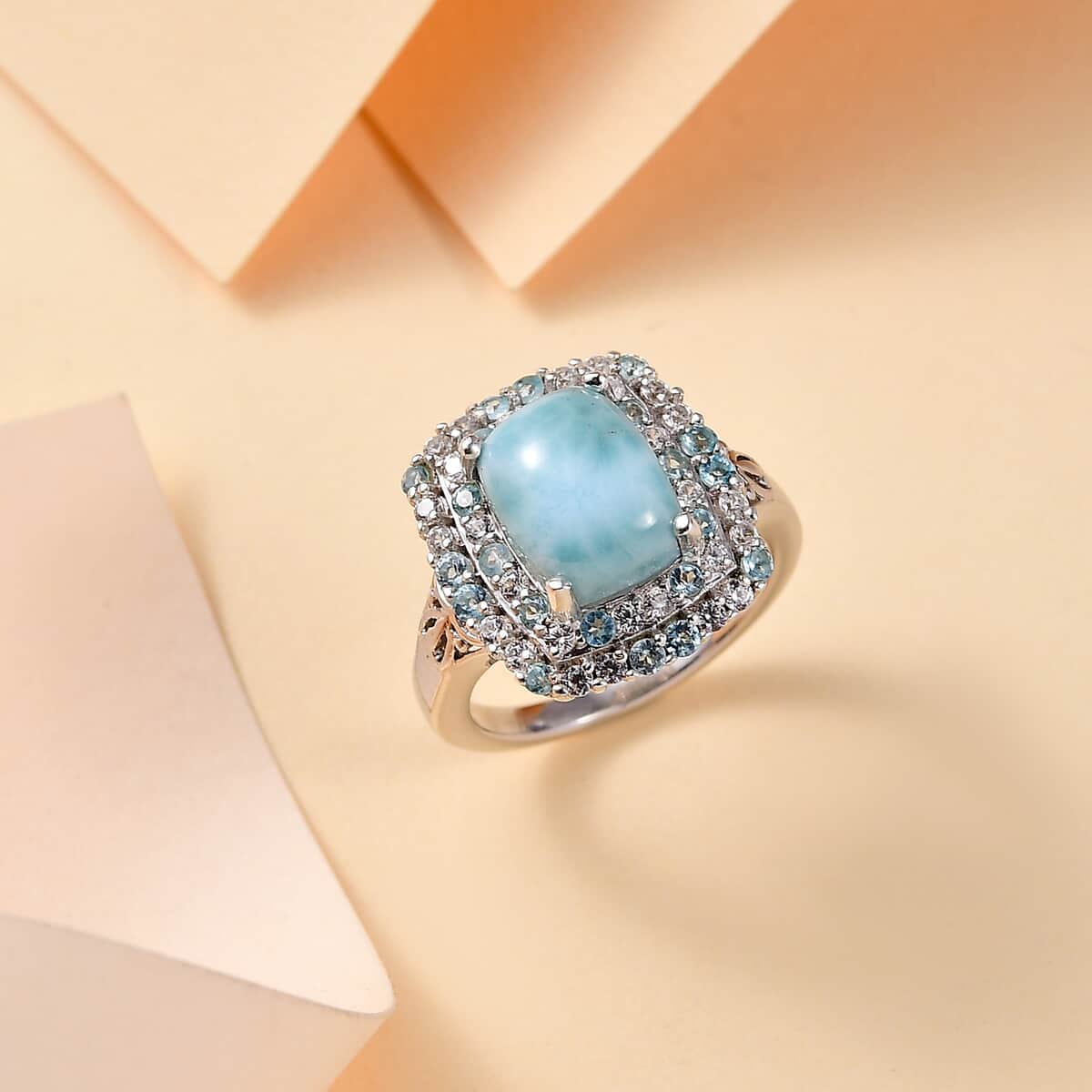 Natural Green Larimar and Multi Gemstone 4.90 ctw Ocean Water Bubbles Ring in Rhodium Over Sterling Silver (Size 10.0) image number 1