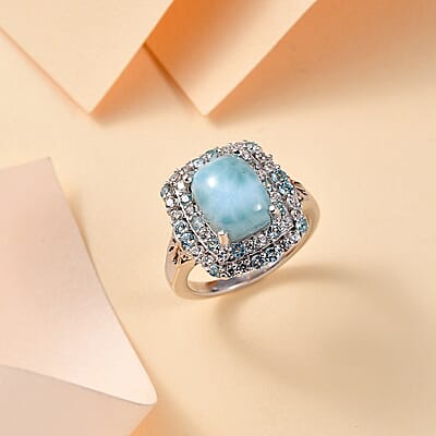 D'Joy Natural Green Larimar and Multi Gemstone 4.90 ctw Ocean Water Bubbles Ring in Rhodium Over Sterling Silver (Size 10.0)